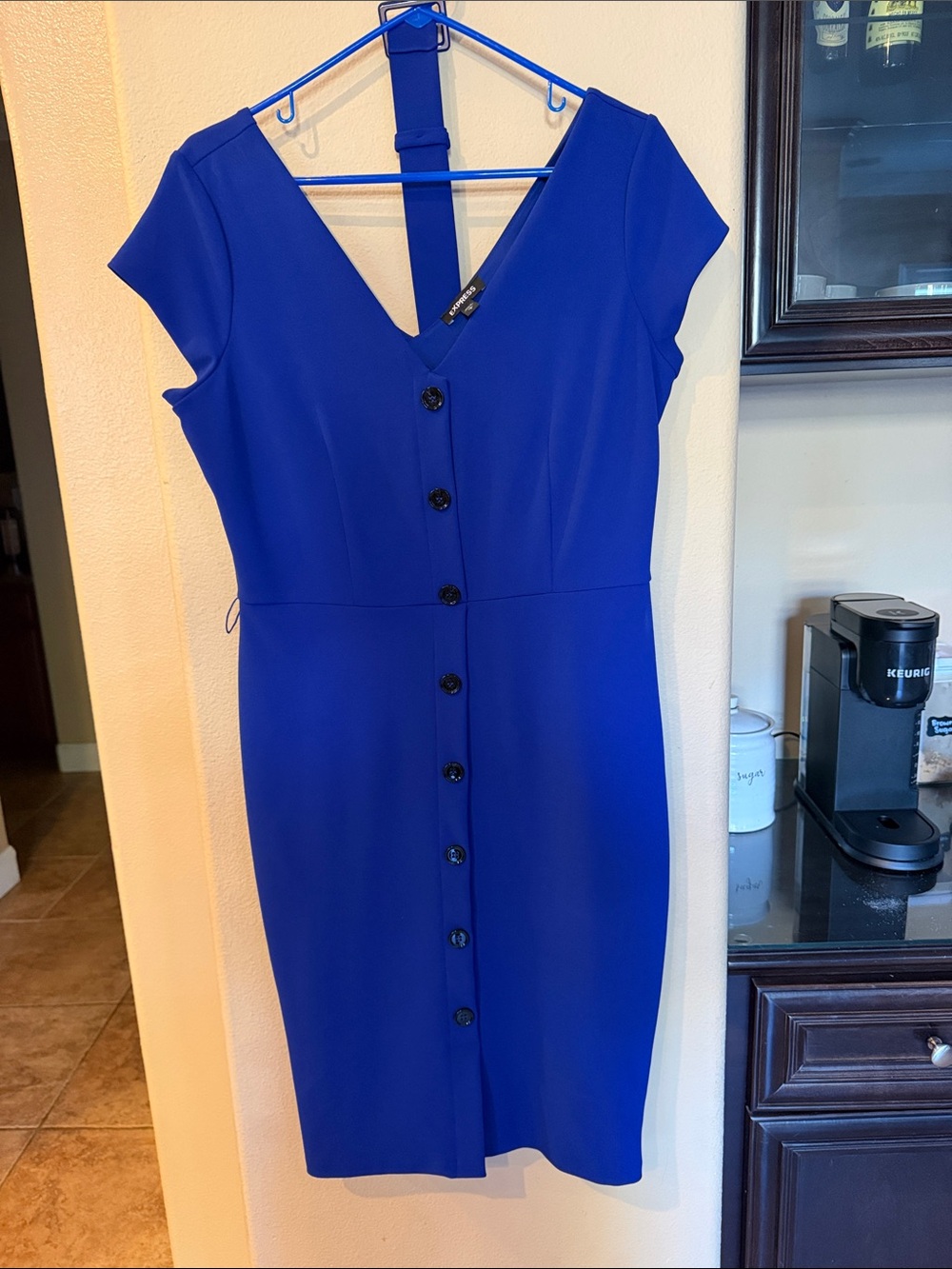 Express Royal Blue V-Neck Button-Front Midi Dress